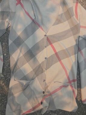 Burberry Beige Gray and Pink Check Button-Front Cardigan